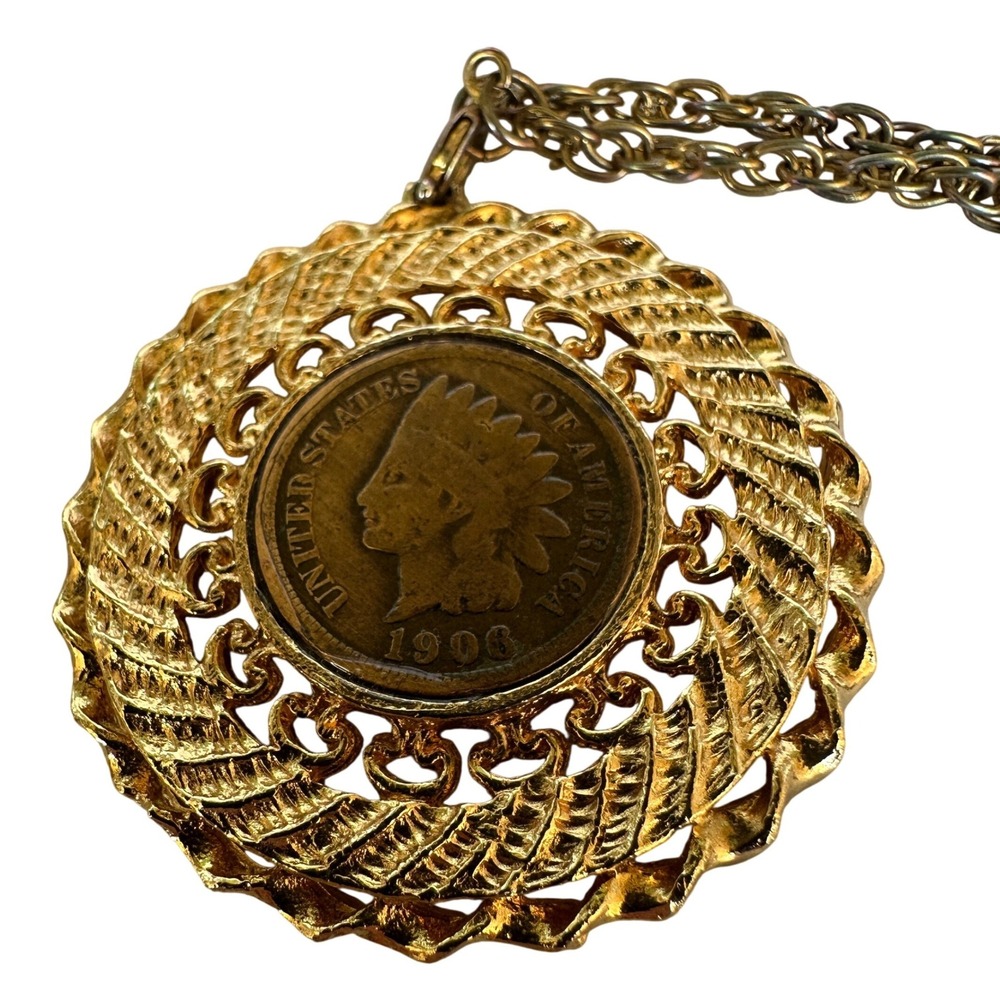 Vintage 1906‎ Indian Head Penny Coin Pendant Necklace Gold Tone Rope Frame 24in